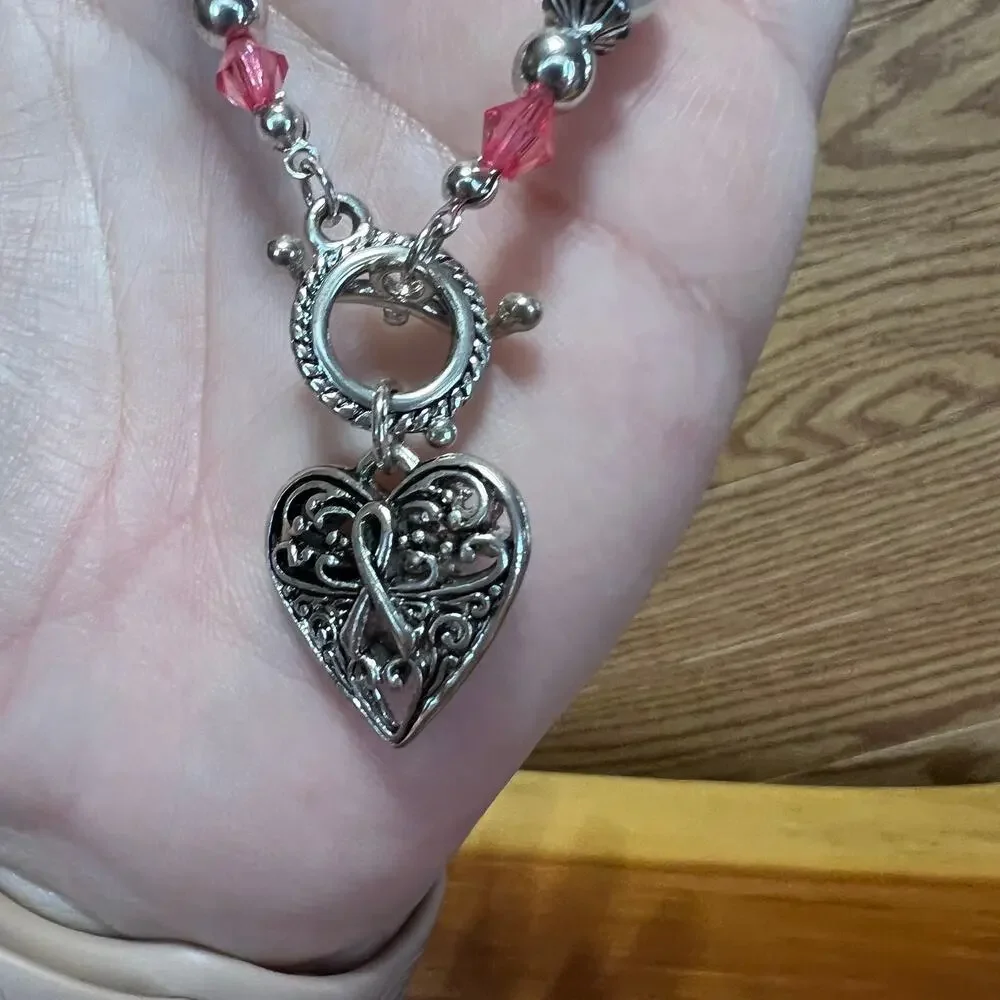 Breast Cancer Pink‎ Ribbon Silver Tone Beaded Bracelet Strength Courage Hope